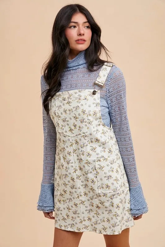 ANNIE WEAR STRETCH DITSY PRINT DENIM OVERALL MINI DRESS