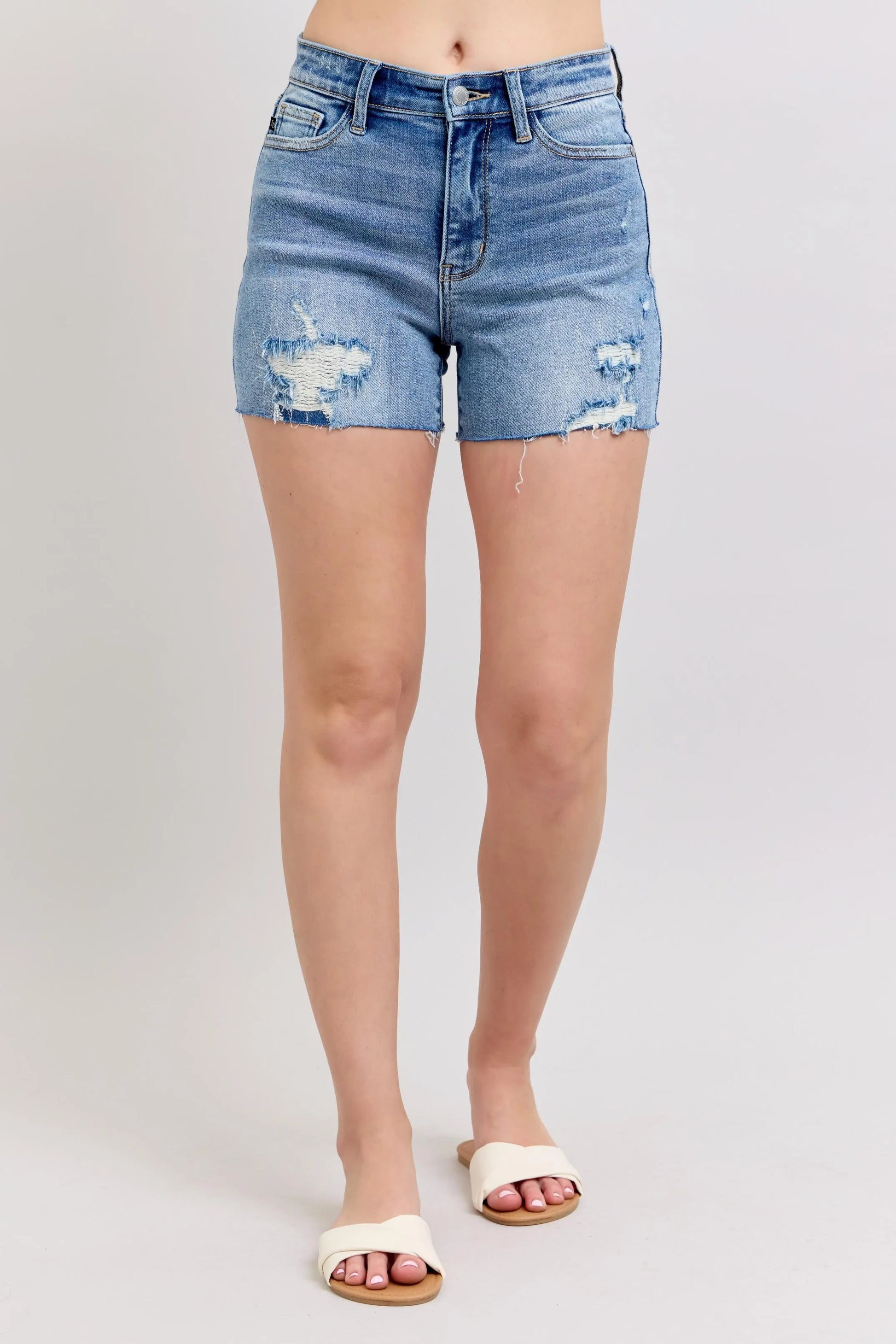JUDY BLUE FULL SIZE HIGH WAIST DENIM SHORTS W/STITCH OVER DESTROY DETAIL PLUS SIZE