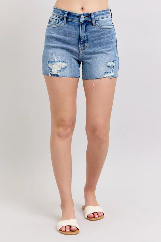 JUDY BLUE FULL SIZE HIGH WAIST DENIM SHORTS W/STITCH OVER DESTROY DETAIL PLUS SIZE