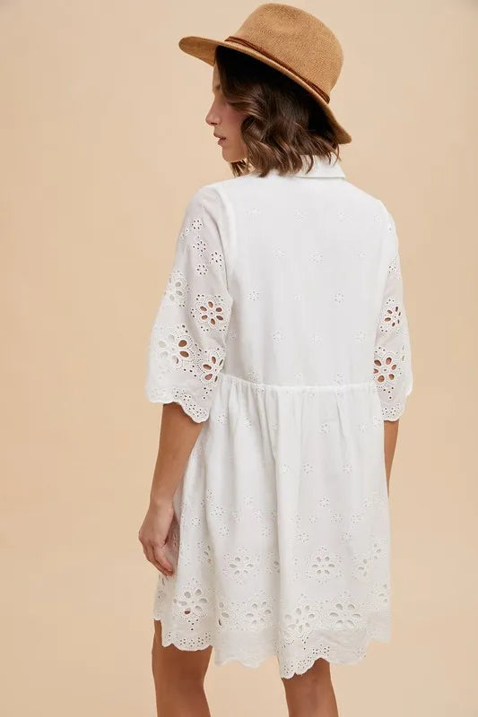 ANNIE WEAR EMBROIDERED SCALLOP EDGE DETAIL MINI SHIRT DRESS