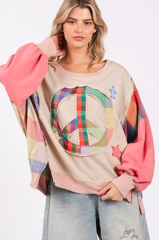 SAGE + FIG FULL SIZE CONTRAST PEACE PATCH DROPPED SHOULDER SWEATSHIRT