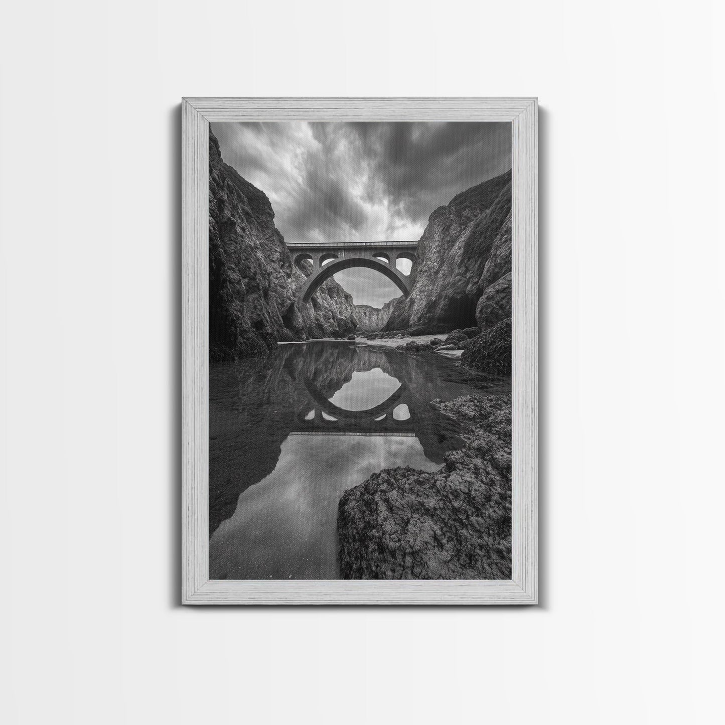 STONE BRIDGE, REFLECTIONS, RIVER ARCHWAY, NATURE DRAMA, FRAMED CANVAS PRINT, LANDSCAPE WALL ART, MONOCHROME PHOTOGRAPHY, ENTRYWAY ART