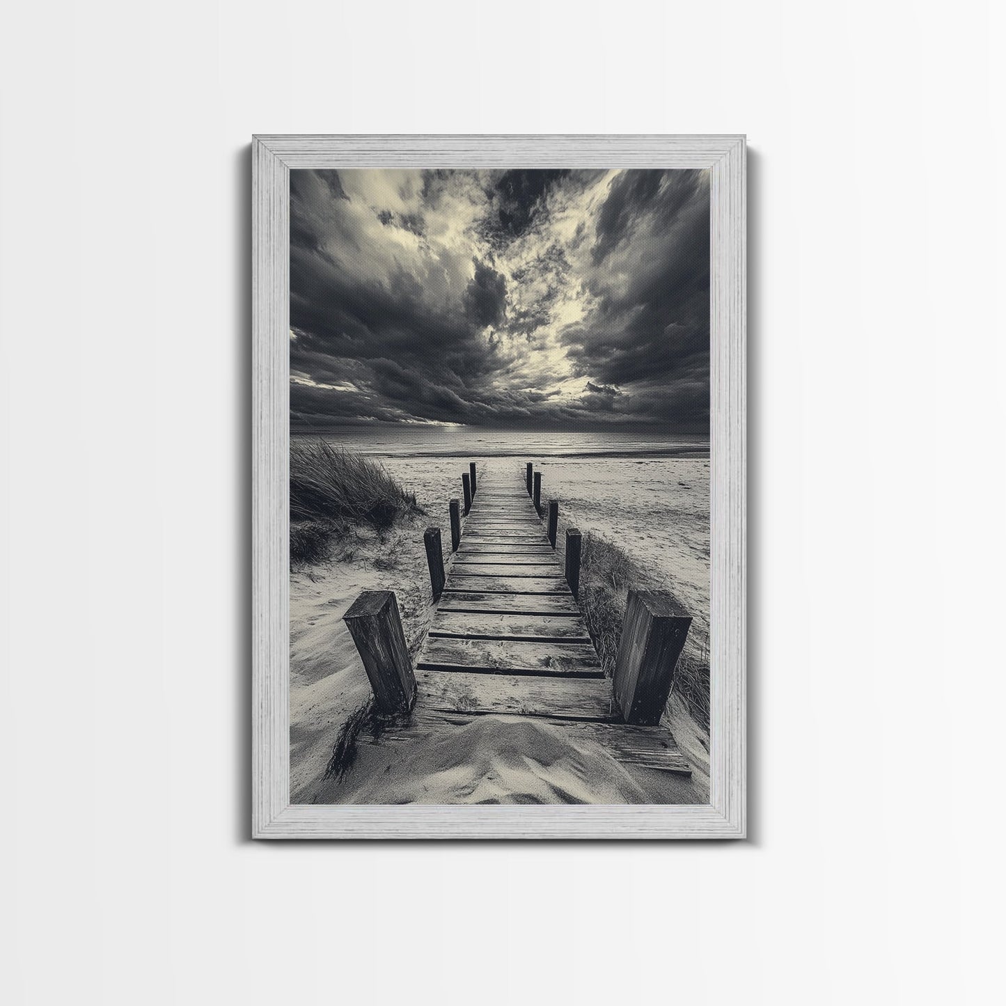 STORMY BEACH DOCK, DRAMATIC SKIES, COASTAL MOOD, FRAMED CANVAS PRINT, FALL WALL ART, ENTRYWAY DECOR, MOODY SEASCAPE, RUSTIC COASTAL HOME
