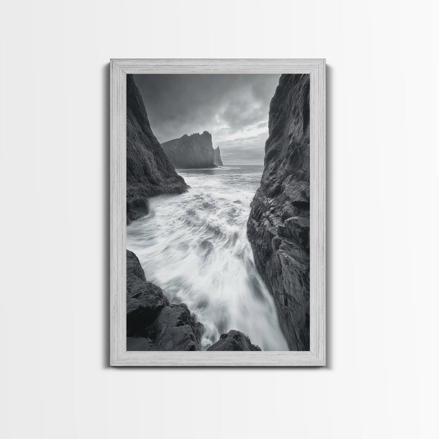 STORMY COAST, CRASHING WAVES, OCEAN DRAMA, FRAMED CANVAS PRINT, LIVING ROOM WALL ART, BOLD SEASCAPE PHOTOGRAPHY, MONOCHROME MODERN ART
