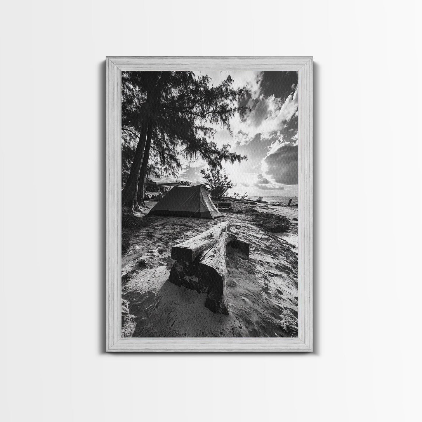 TENT, BEACH, SUNSET, TREES - RUSTIC CAMPING COASTAL ESCAPE VIBE, FRAMED CANVAS PRINT, IDEAL BEDROOM OR ADVENTURE NURSERY DECOR, OUTDOOR ART