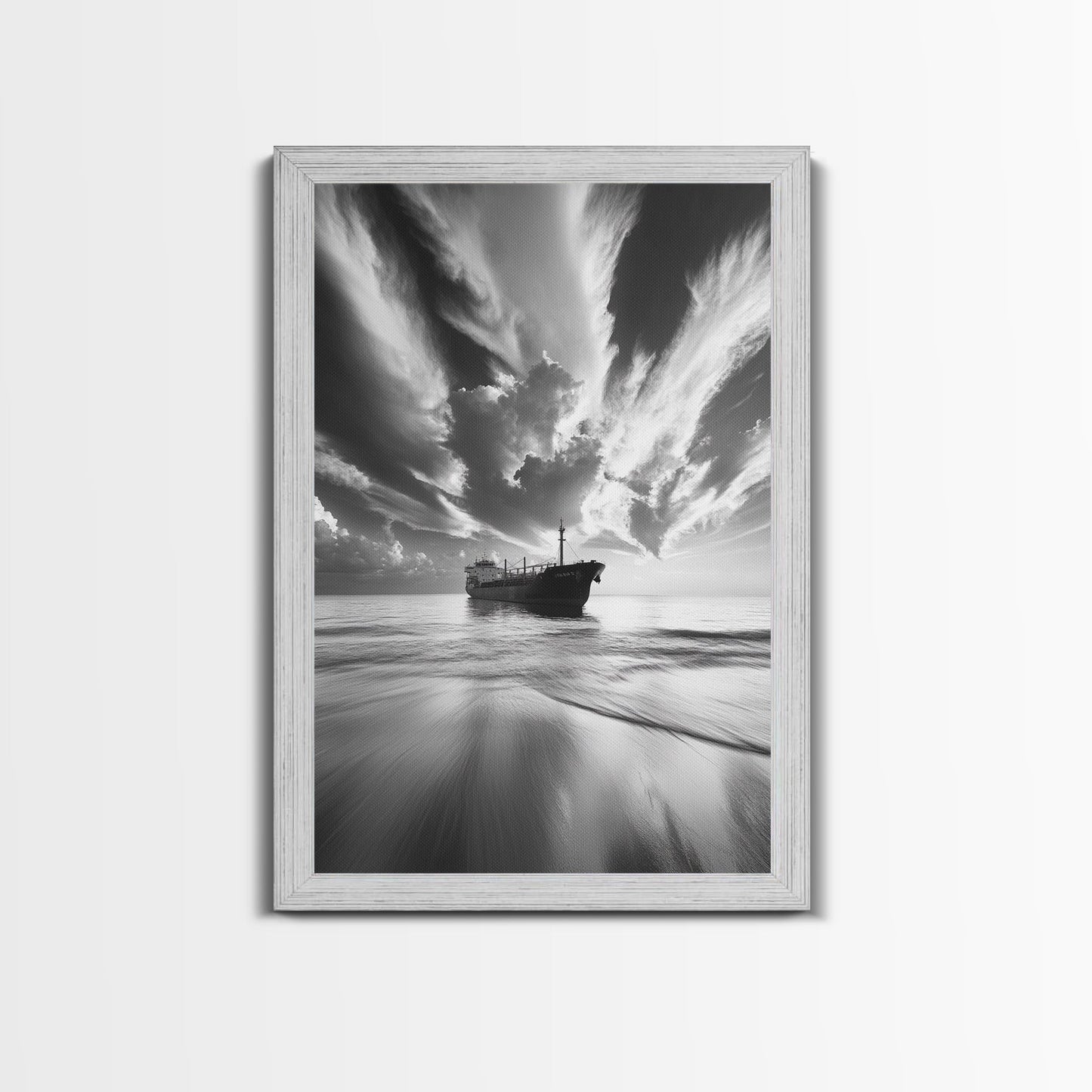 STORMY SKY SHIP, DRAMATIC SEASCAPE, BLACK WHITE PHOTOGRAPHY, OCEAN NAUTICAL DECOR, FRAMED CANVAS PRINT, COASTAL WALL ART, MOODY MINIMALIST