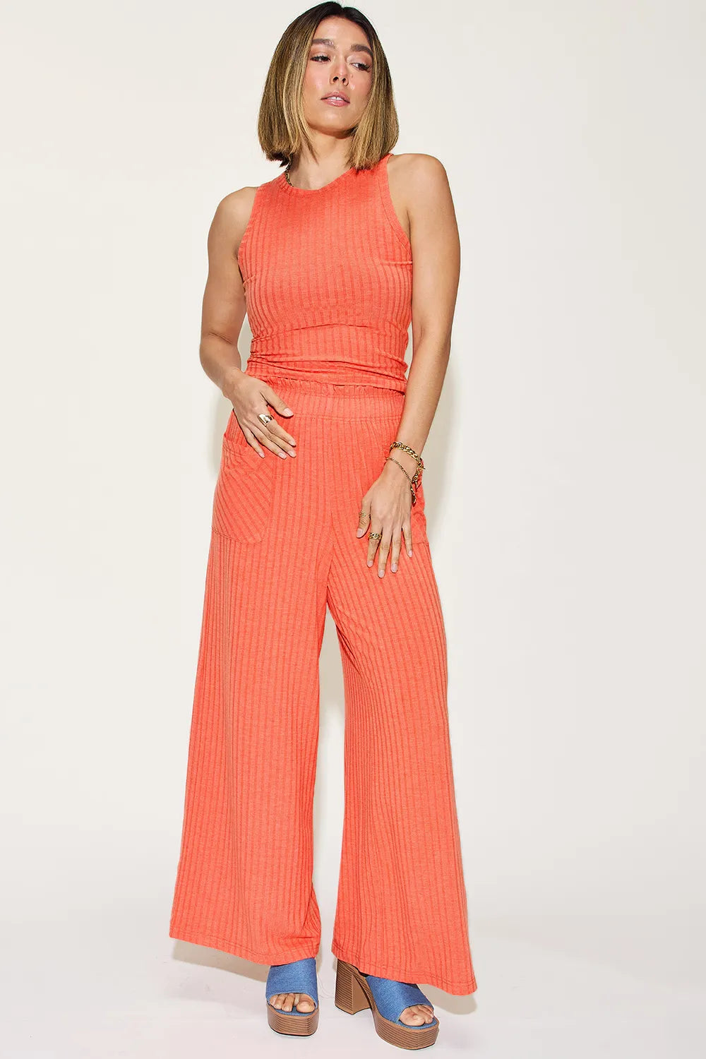 BASIC BAE FULL SIZE RIBBED TANK AND WIDE LEG PANTS SET