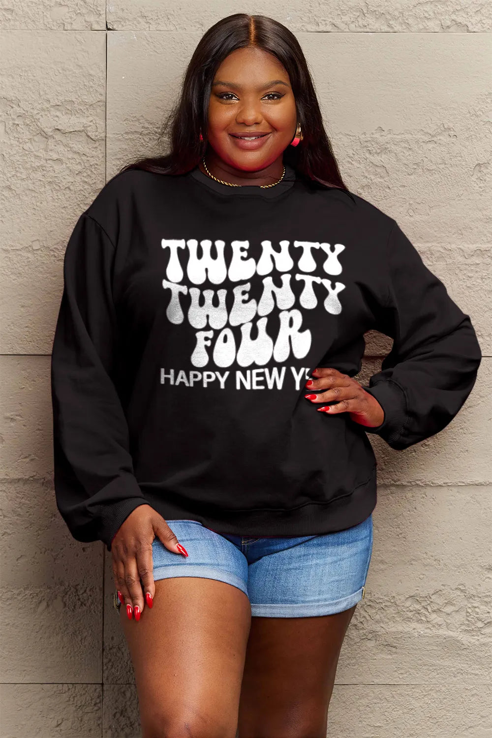 SIMPLY LOVE FULL SIZE TWENTY TWENTY FOUR HAPPY NEW YEAR DROPPED SHOULDER SWEATSHIRT