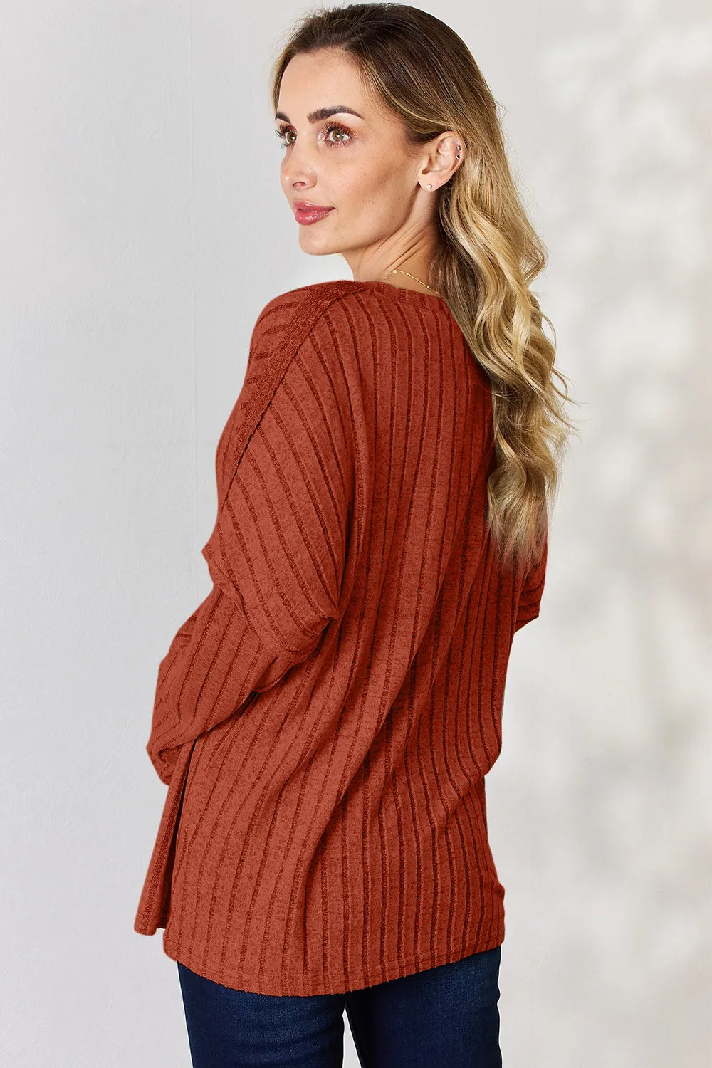 BASIC BAE FULL SIZE RIBBED HALF BUTTON LONG SLEEVE T-SHIRT