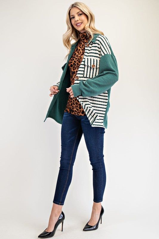 CELESTE FULL SIZE STRIPED BUTTON UP DROPPED SHOULDER SHACKET