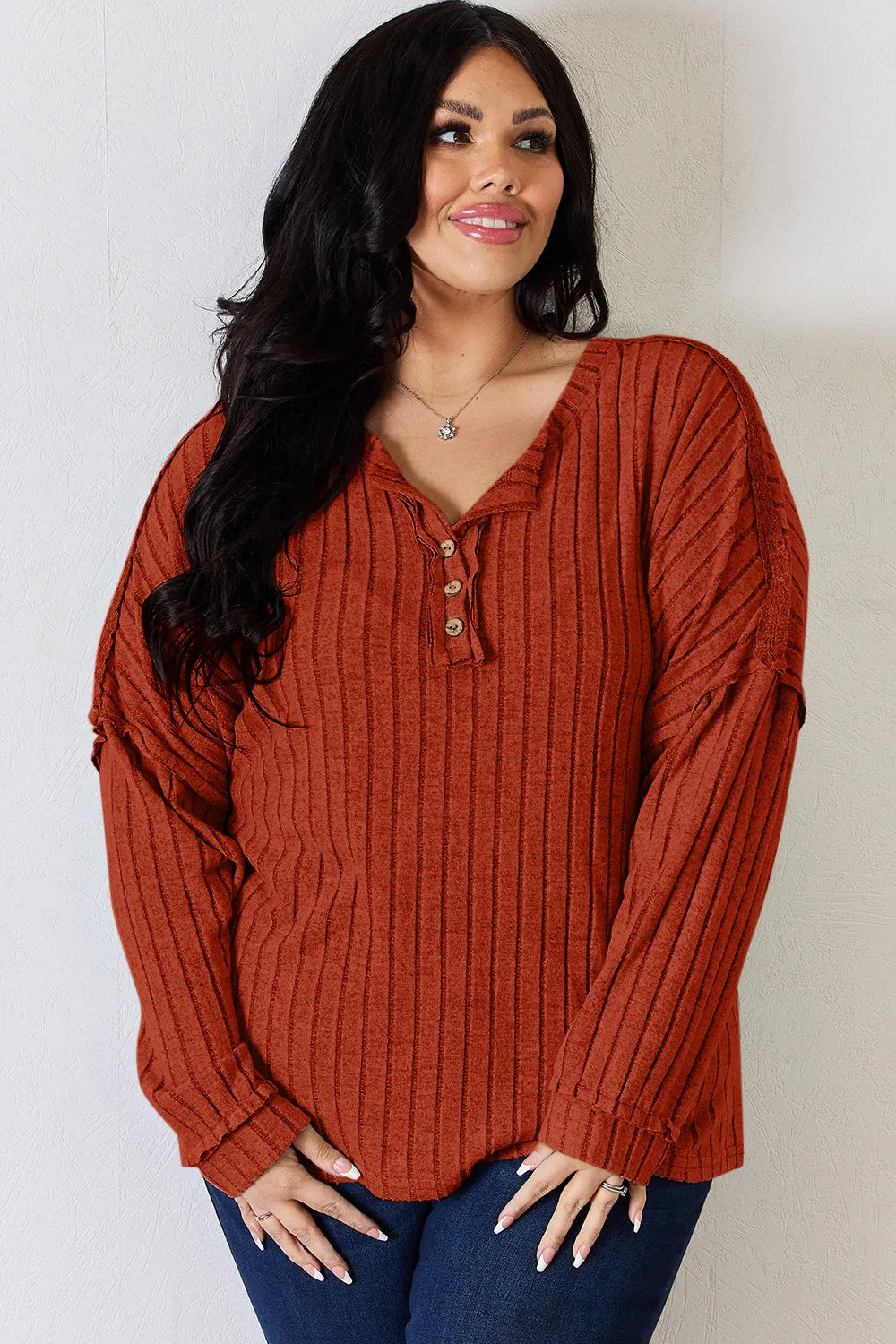 BASIC BAE FULL SIZE RIBBED HALF BUTTON LONG SLEEVE T-SHIRT