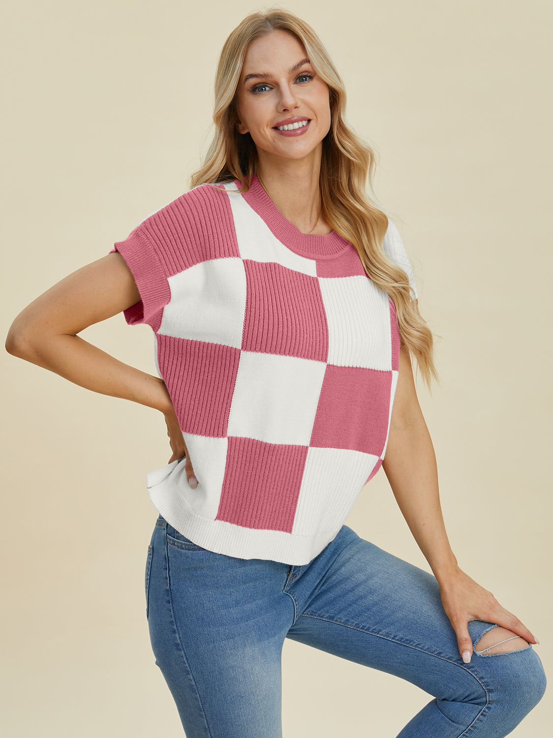 DOUBLE TAKE FULL SIZE CHECKERED ROUND NECK SHORT SLEEVE SWEATER