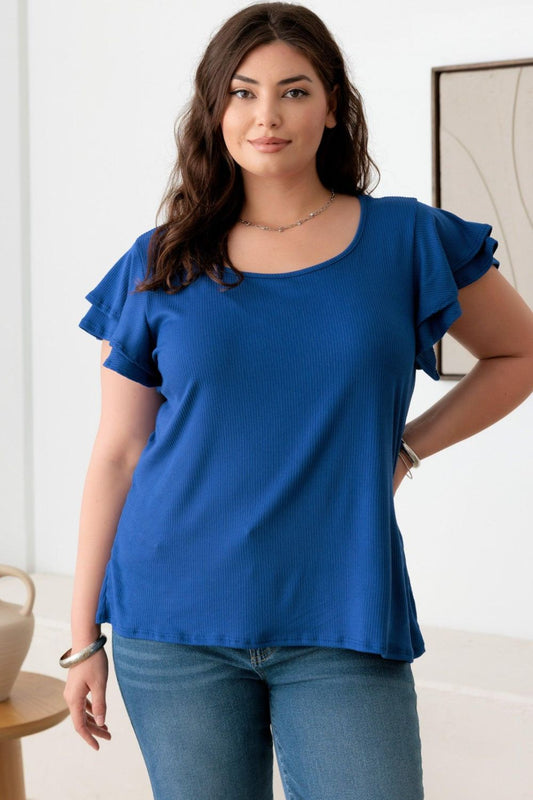 GILLI PLUS SIZE SHORT FLUTTERY SLEEVE ROUND NECK TOP