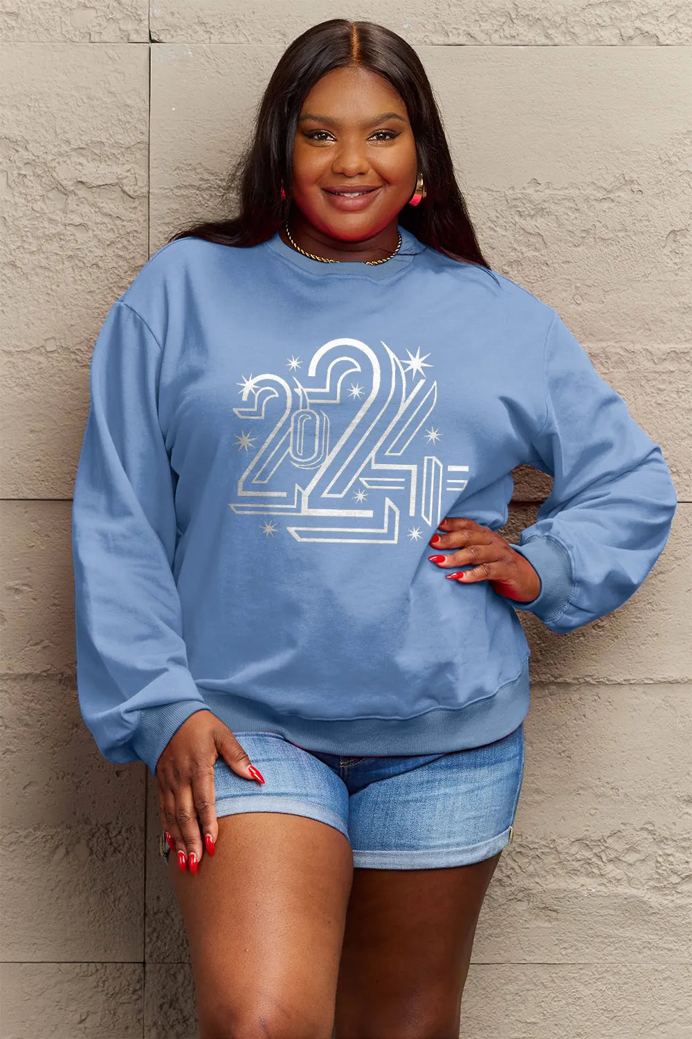 SIMPLY LOVE FULL SIZE 2024 ROUND NECK DROPPED SHOULDER SWEATSHIRT