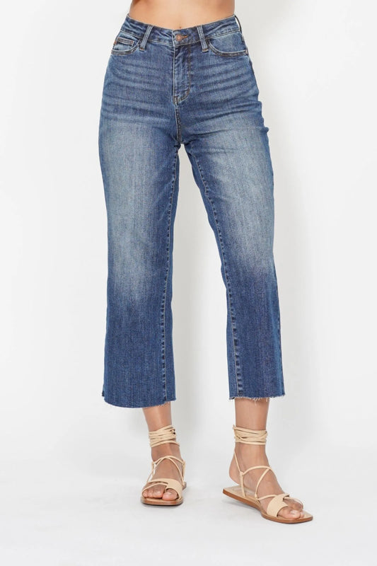 JUDY BLUE HIGH WAIST BACK POCKET EMBROIDERY CROP WIDE JEANS
