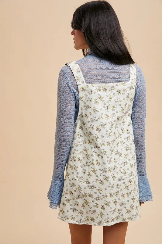 ANNIE WEAR STRETCH DITSY PRINT DENIM OVERALL MINI DRESS