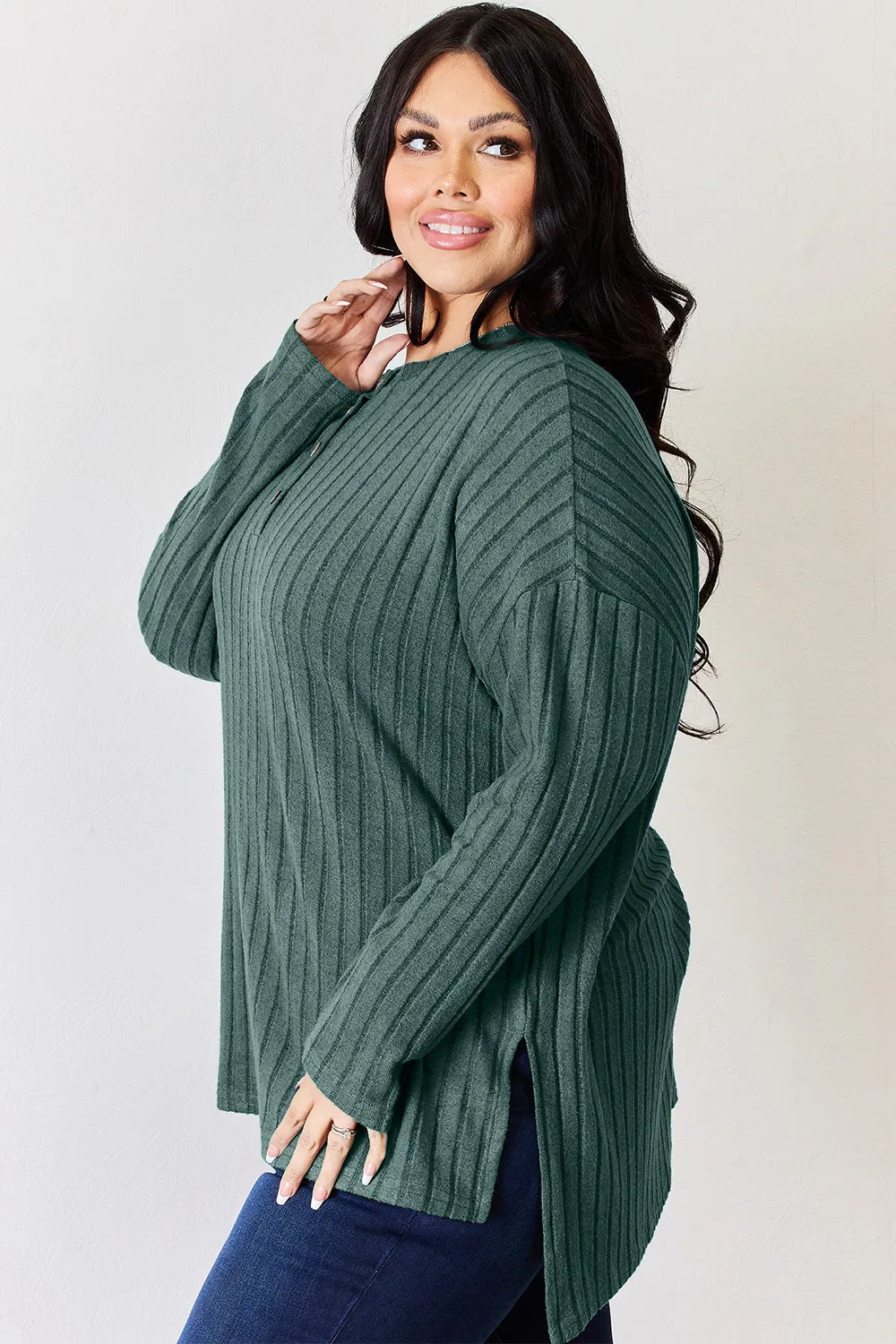 BASIC BAE FULL SIZE RIBBED HALF BUTTON LONG SLEEVE HIGH-LOW T-SHIRT