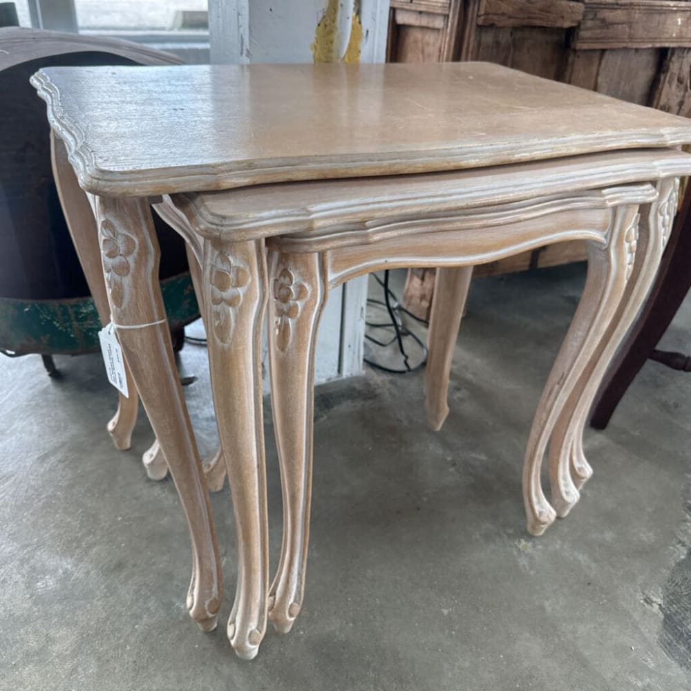 3PC PICKLED WOOD FRENCH NESTING TABLES