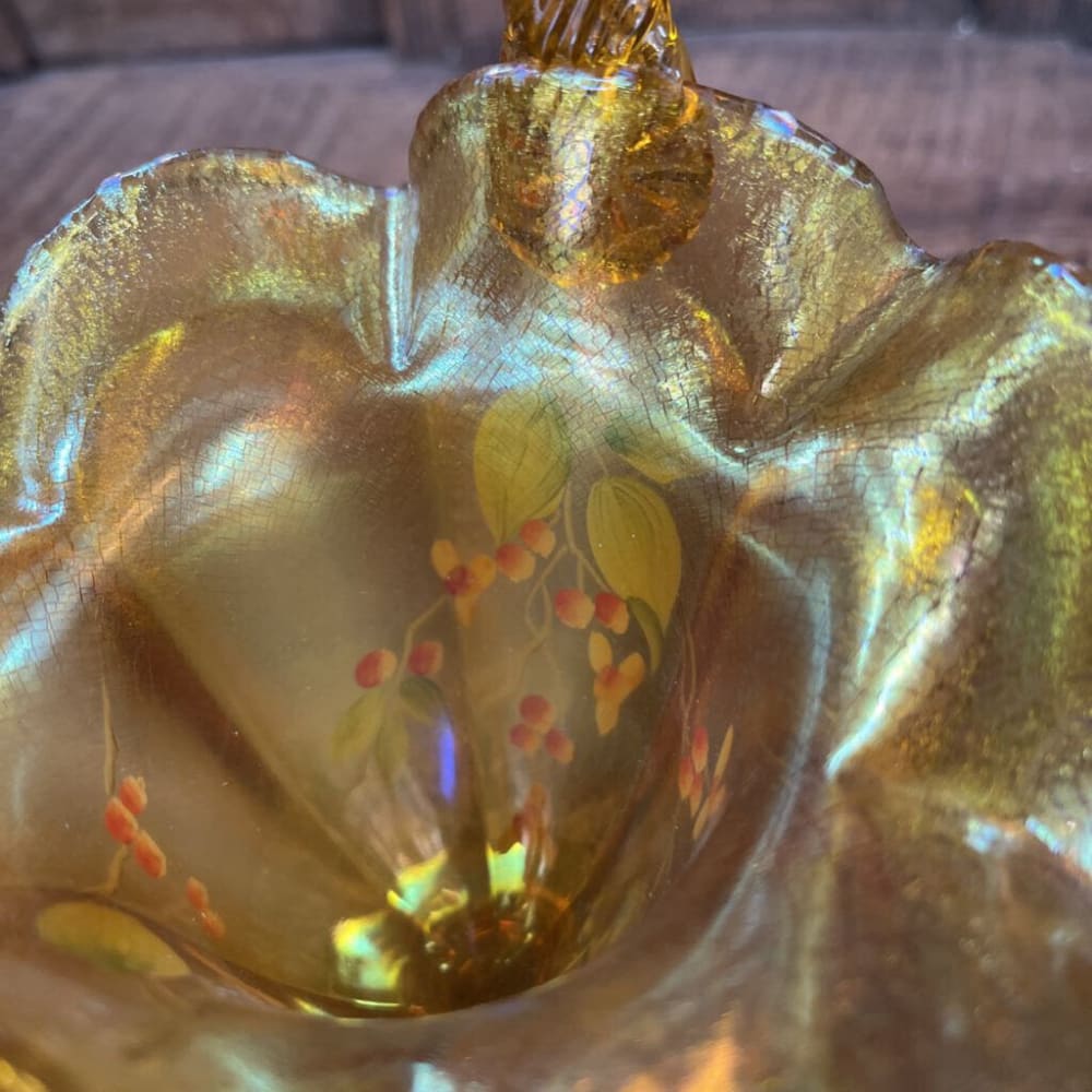 "FENTON AUTUMN GOLDEN IRIDESCENT BASKET-Thriftique Marketplace"