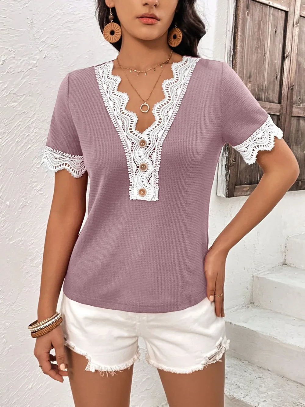 IVY LANE LACE DETAIL V-NECK SHORT SLEEVE T-SHIRT