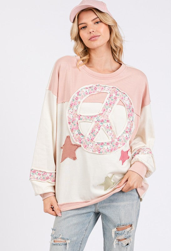 SAGE + FIG PEACE & STAR PATCH CONTRAST ROUND NECK SWEATSHIRT