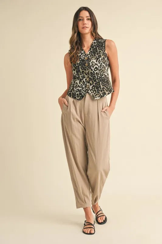 ANNIE WEAR STRETCH LEOPARD DENIM BUTTON DOWN VEST