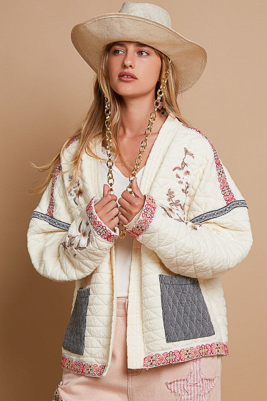 POL EMBROIDERED OPEN FRONT LONG SLEEVE JACKET