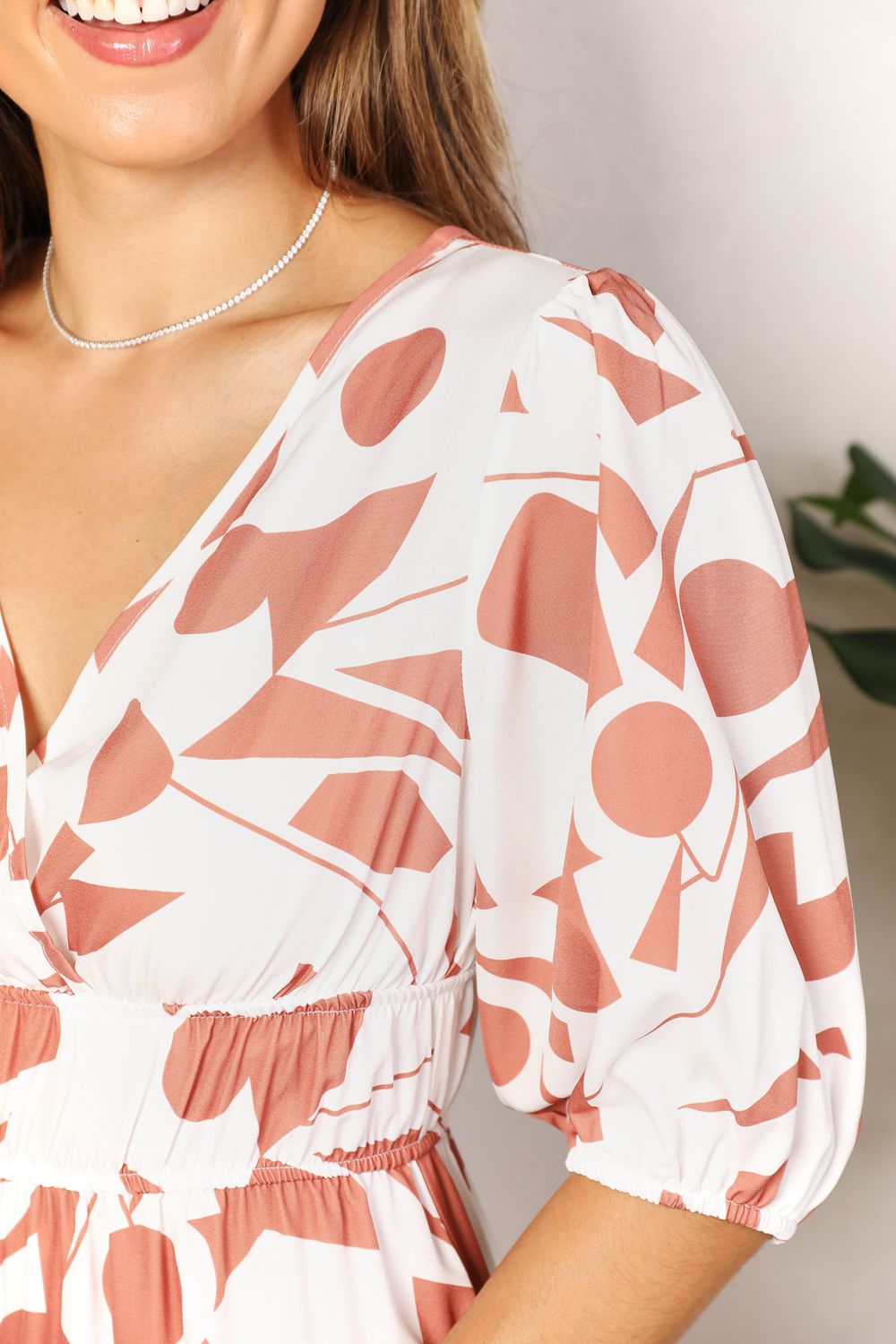 PRINTED SURPLICE BALLOON SLEEVE DRESS