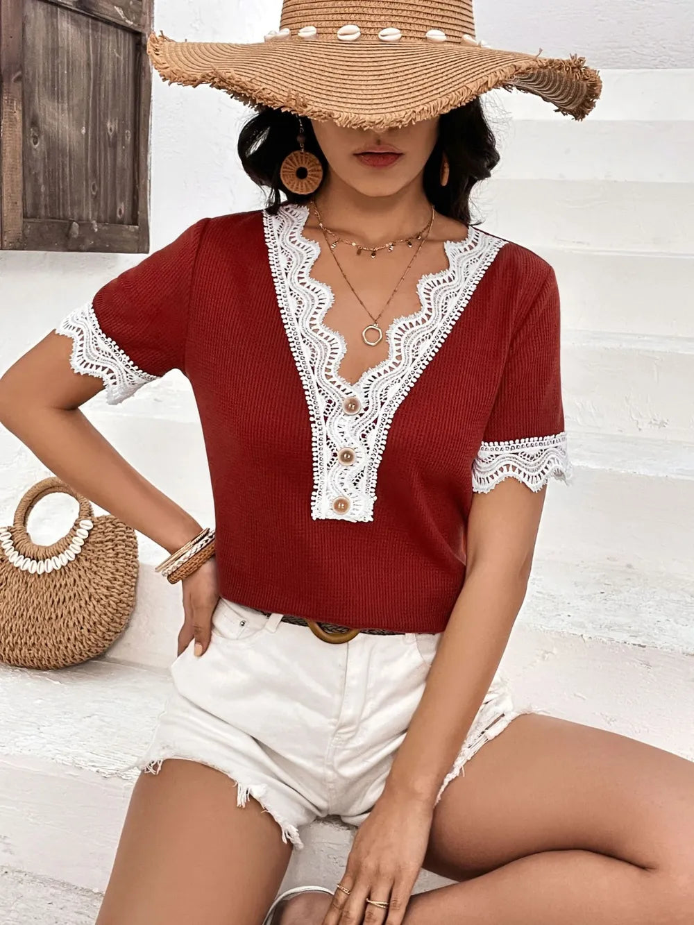 IVY LANE LACE DETAIL V-NECK SHORT SLEEVE T-SHIRT