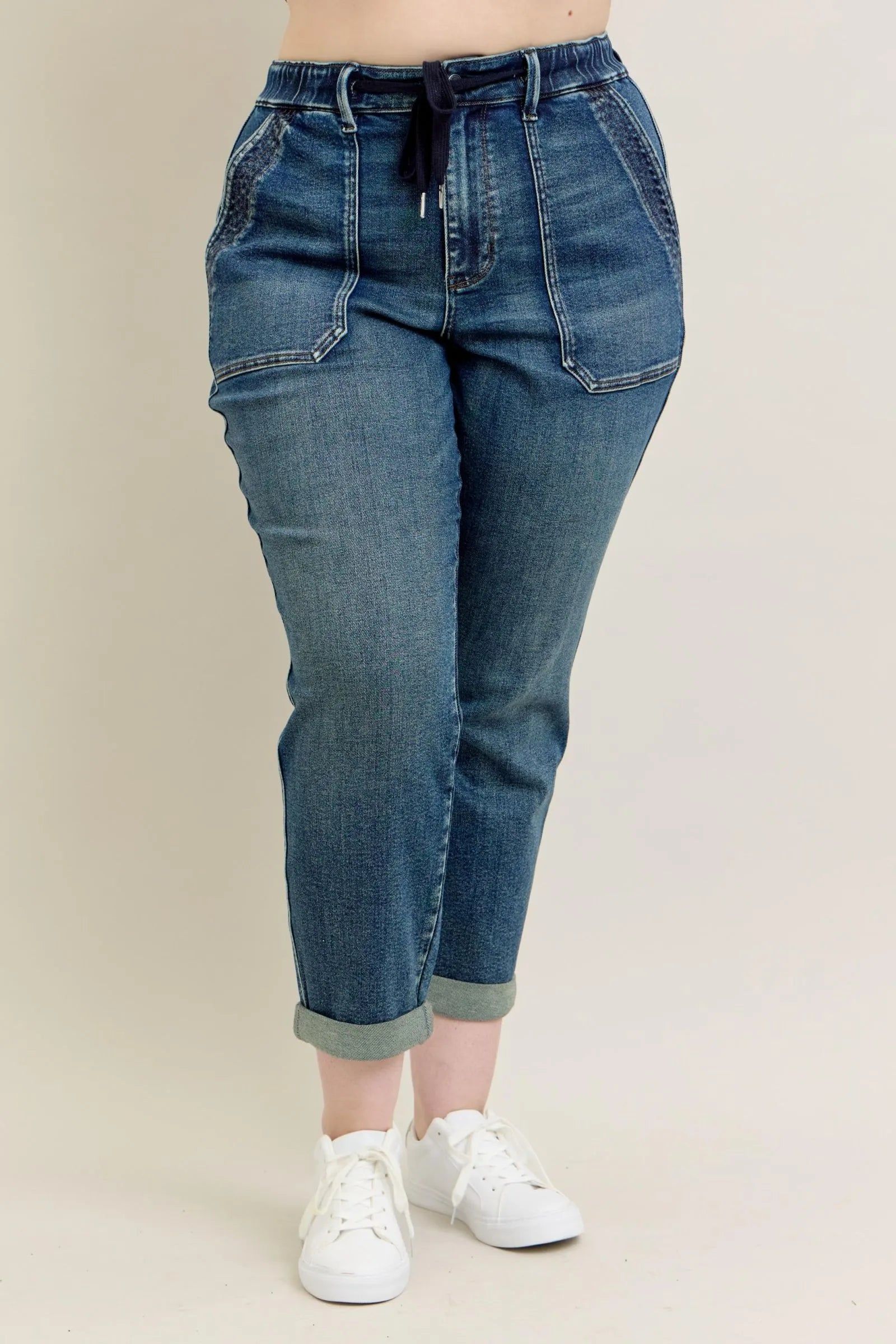 JUDY BLUE FULL SIZE HW VINTAGE WASH JEANS W/ DRAWSTRING PLUS SIZE