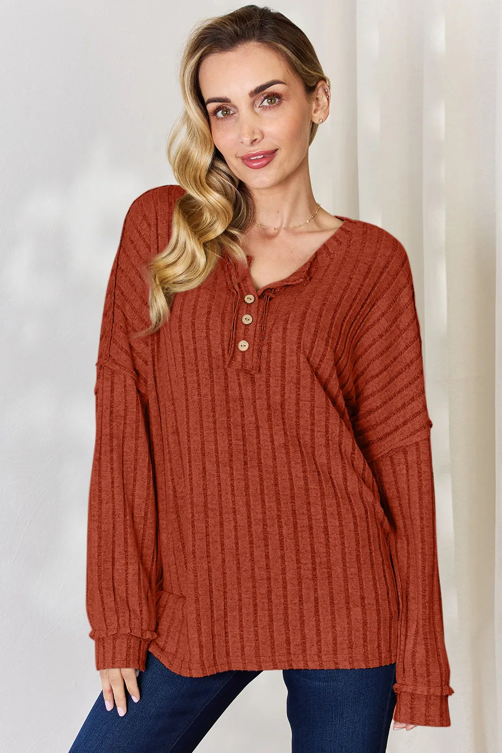 BASIC BAE FULL SIZE RIBBED HALF BUTTON LONG SLEEVE T-SHIRT