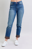 JUDY BLUE FULL SIZE MR PLAID PRINT CUFF BF JEANS PLUS SIZE