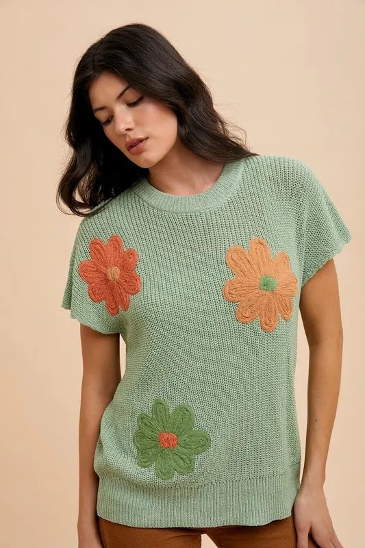 ANNIE WEAR LARGE FLOWER EMBO DOLMAN SLEEVE SUMMER SWEATER TOP