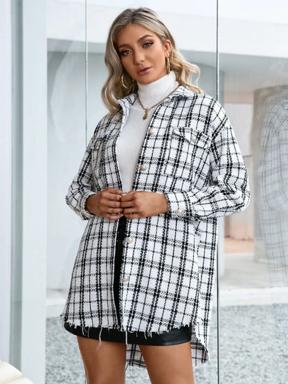 IVY LANE PLAID POCKETED BUTTON UP DROPPED SHOULDER JACKET