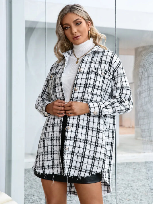 IVY LANE PLAID POCKETED BUTTON UP DROPPED SHOULDER JACKET