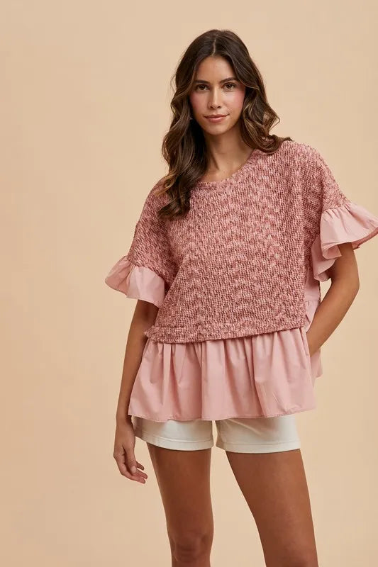 ANNIE WEAR MIX MEDIA RUFFLE TEXTURED KNIT TOP