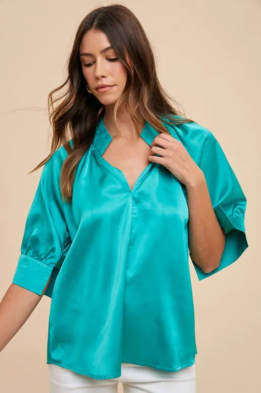 ANNIE WEAR SATIN V NECK OPEN SHORT SLEEVE WOVEN BLOUSE TOP