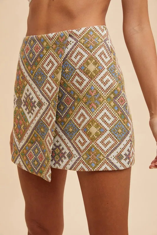 ANNIE WEAR ETHIC WOVEN JACQUARD WRAP MINI SKIRT