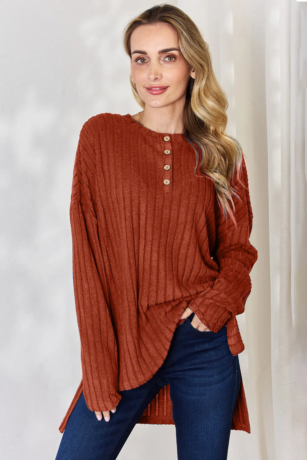 BASIC BAE FULL SIZE RIBBED HALF BUTTON LONG SLEEVE HIGH-LOW T-SHIRT