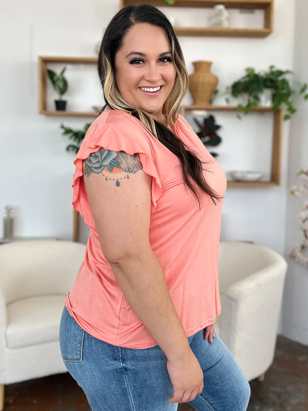 BASIC BAE FULL SIZE BAMBOO NOTCHED RUFFLED SHORT SLEEVE T-SHIRT