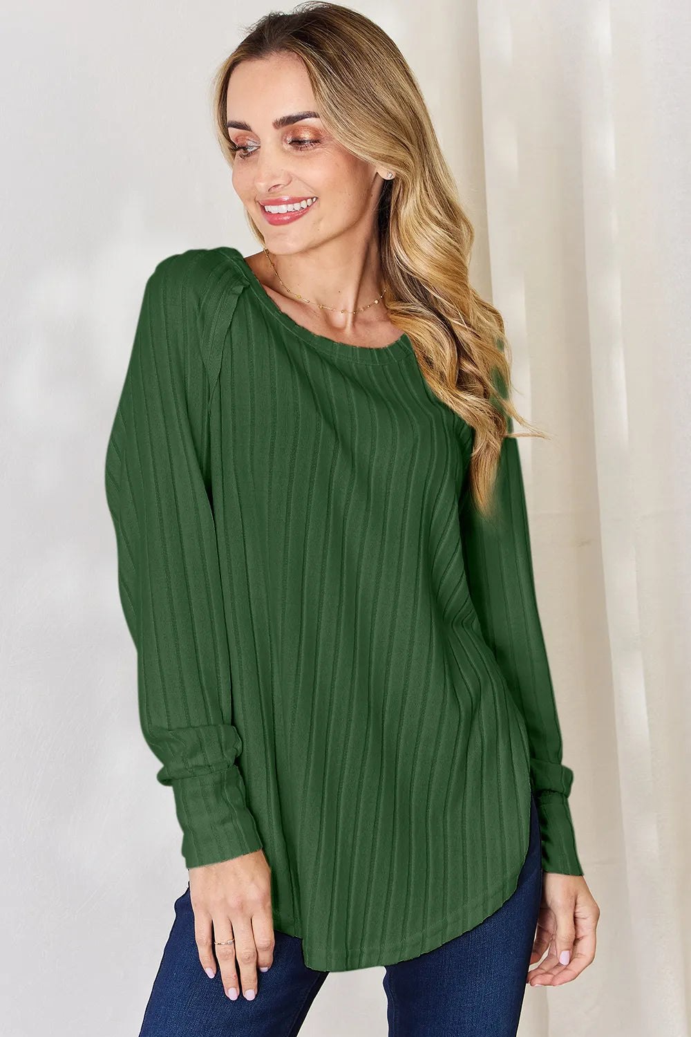 BASIC BAE FULL SIZE RIBBED ROUND NECK SLIT T-SHIRT