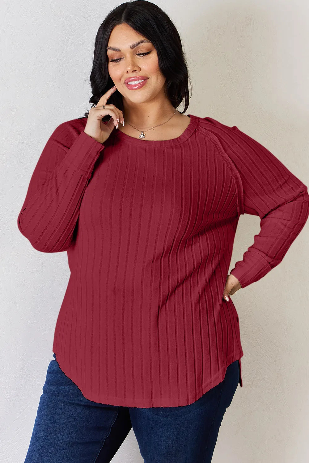 BASIC BAE FULL SIZE RIBBED ROUND NECK SLIT T-SHIRT