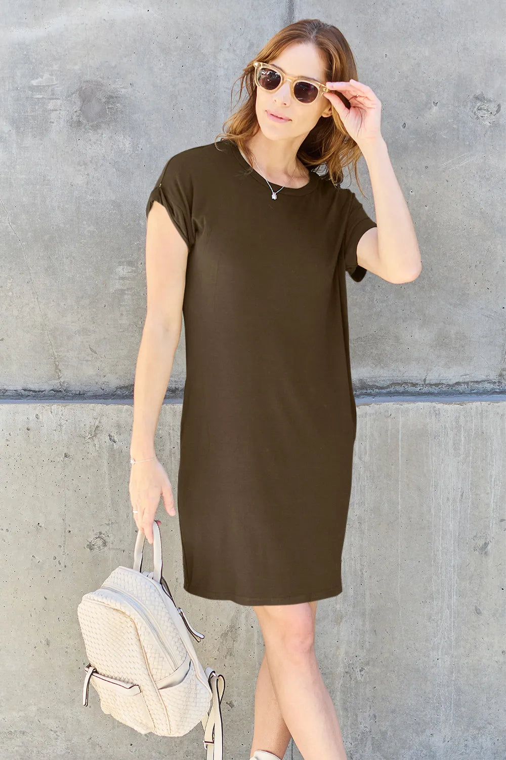 BASIC BAE FULL SIZE ROUND NECK SHORT SLEEVE DRESS WITH POCKETS