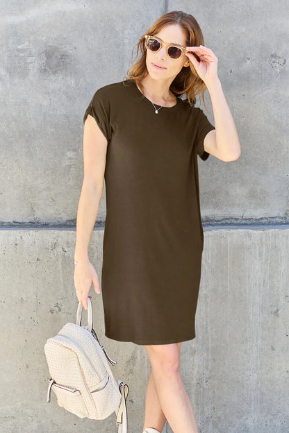 BASIC BAE FULL SIZE ROUND NECK SHORT SLEEVE DRESS WITH POCKETS
