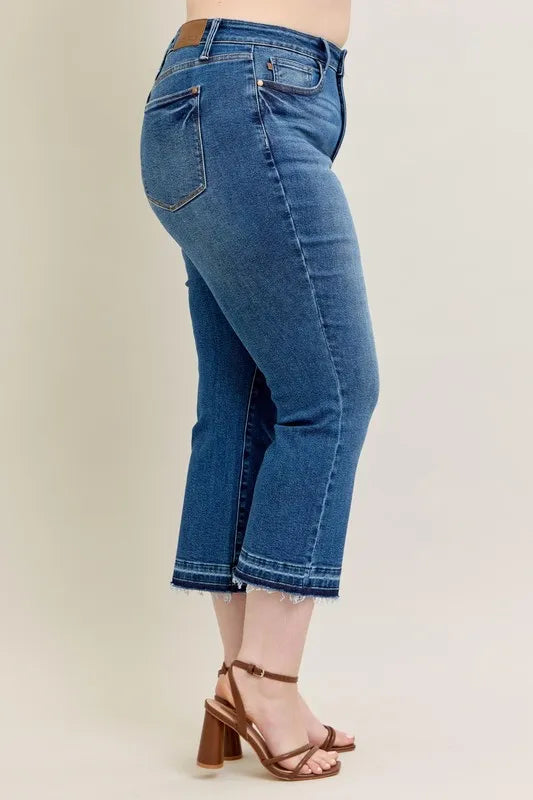 JUDY BLUE FULL SIZE HW VINTAGE WASH RELEASE HEM KICK FLARE JEANS PLUS SIZE