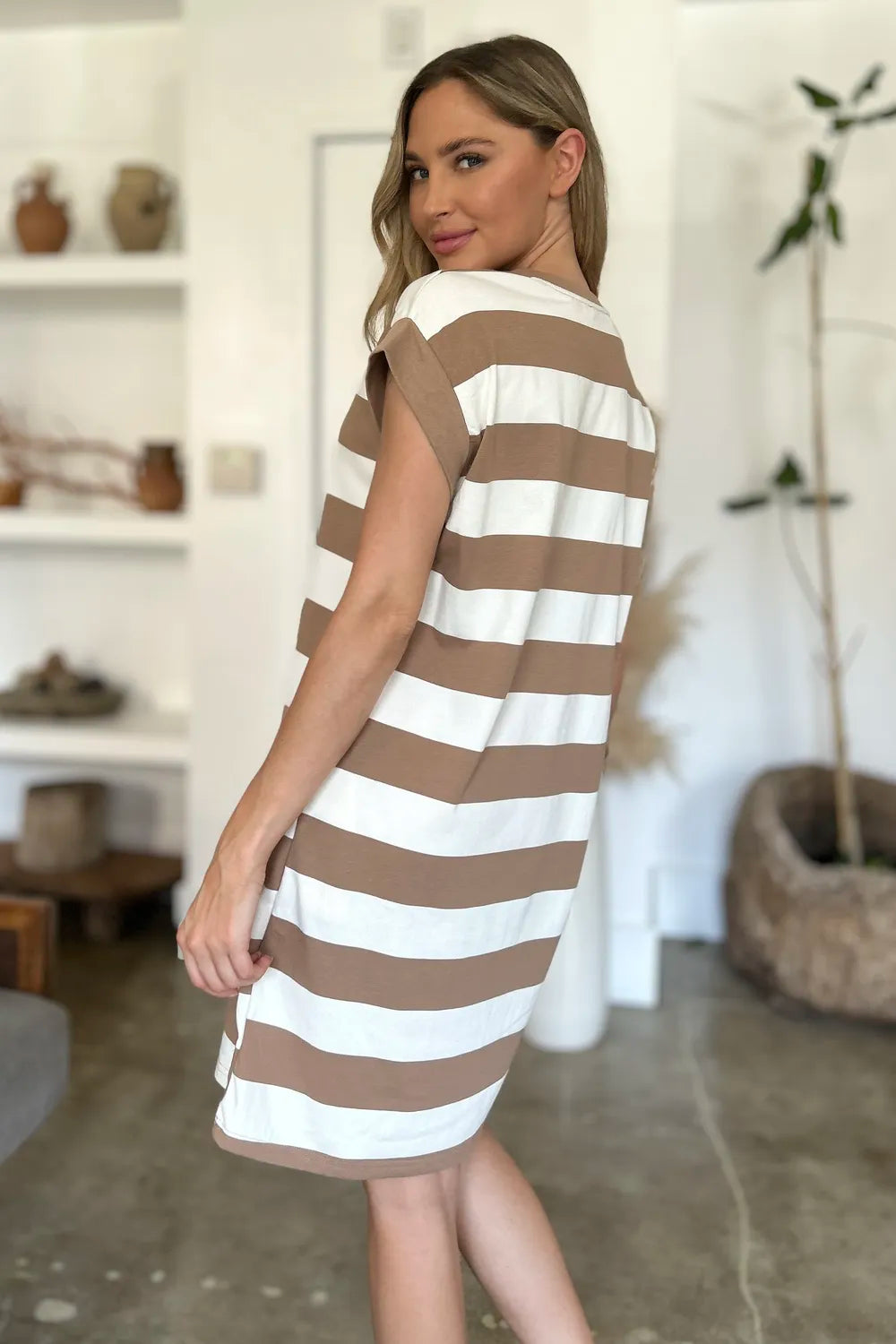 BASIC BAE FULL SIZE STRIPED ROUND NECK CAP SLEEVE MINI DRESS
