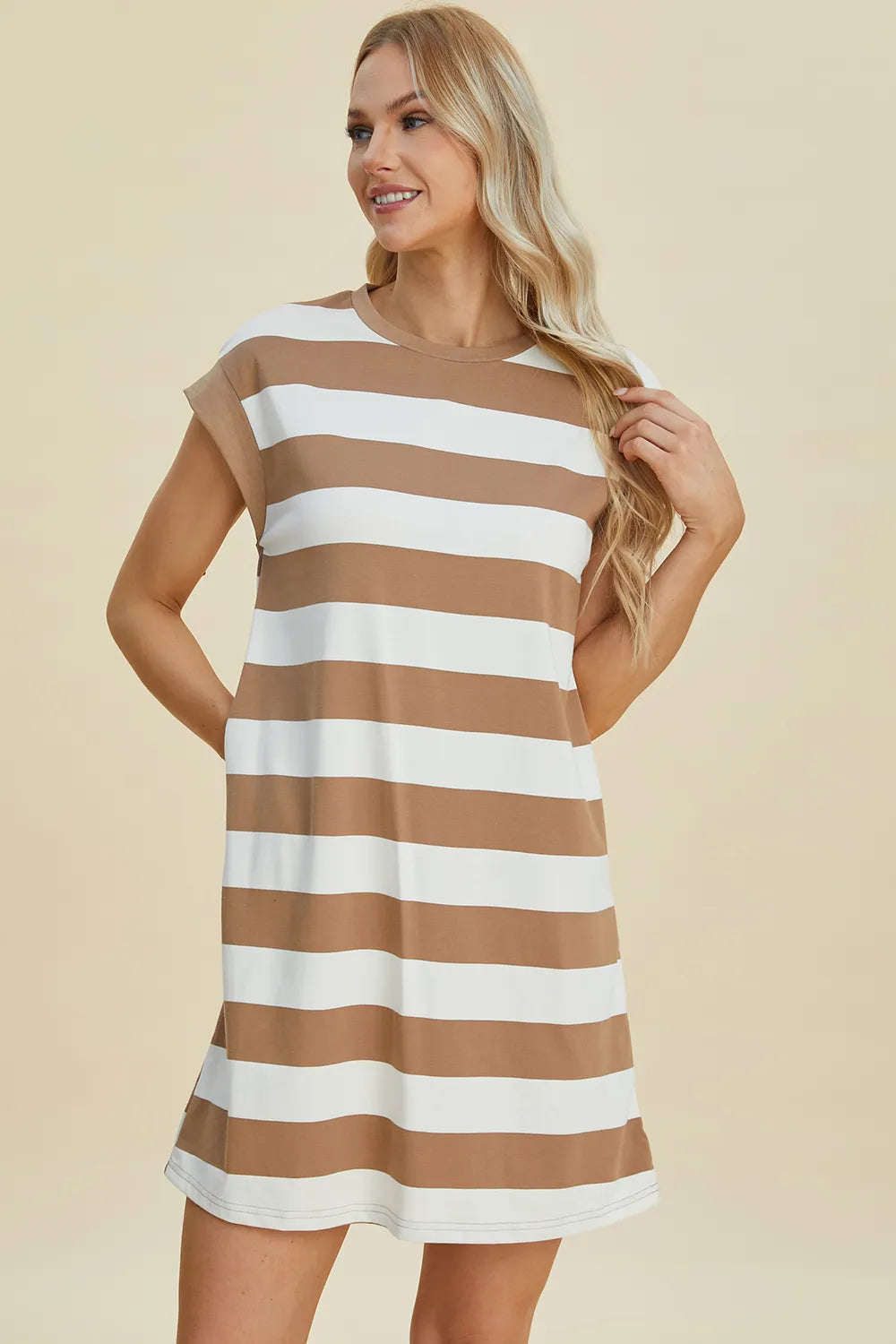 BASIC BAE FULL SIZE STRIPED ROUND NECK CAP SLEEVE MINI DRESS