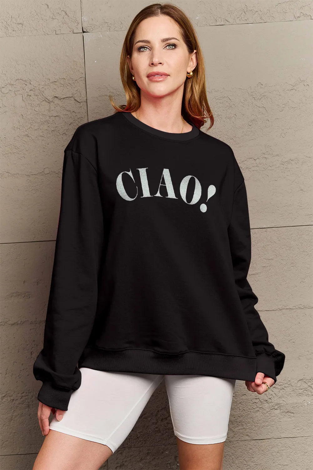 SIMPLY LOVE FULL SIZE CIAO！ROUND NECK SWEATSHIRT