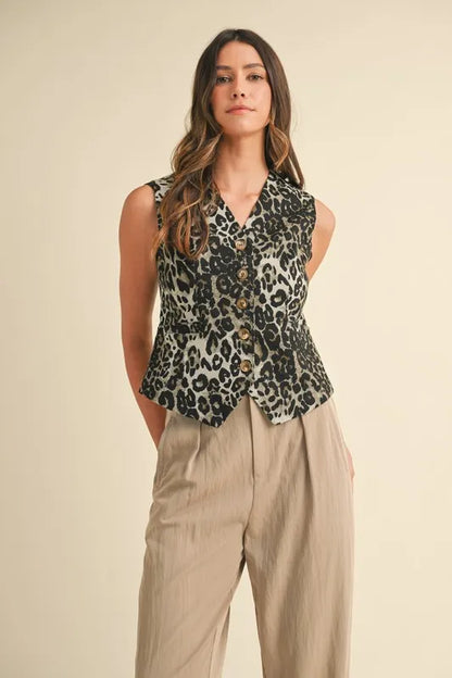ANNIE WEAR STRETCH LEOPARD DENIM BUTTON DOWN VEST