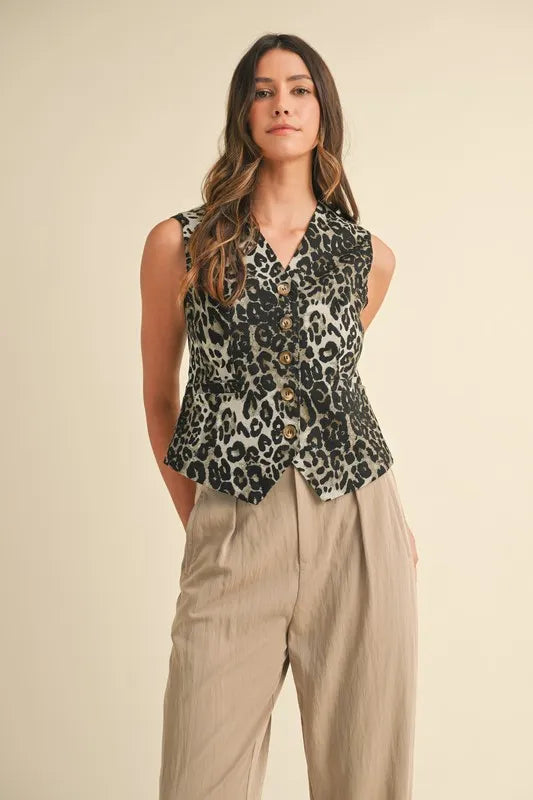 ANNIE WEAR STRETCH LEOPARD DENIM BUTTON DOWN VEST